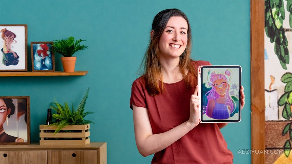 Procreate卡通风格人物肖像绘画技术视频教程 中文字幕 Cartoon-Style Character Portraits with Procreate - AE资源网 www.aeziyuan.com
