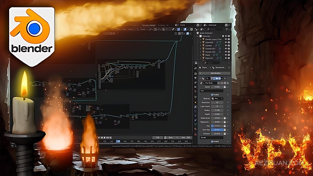 Blender几何节点逼真火焰动画特效制作视频教程 Blender Geometry Node Fire Animationblender,几何,逼真,geometry,fire - AE资源网 www.aeziyuan.com