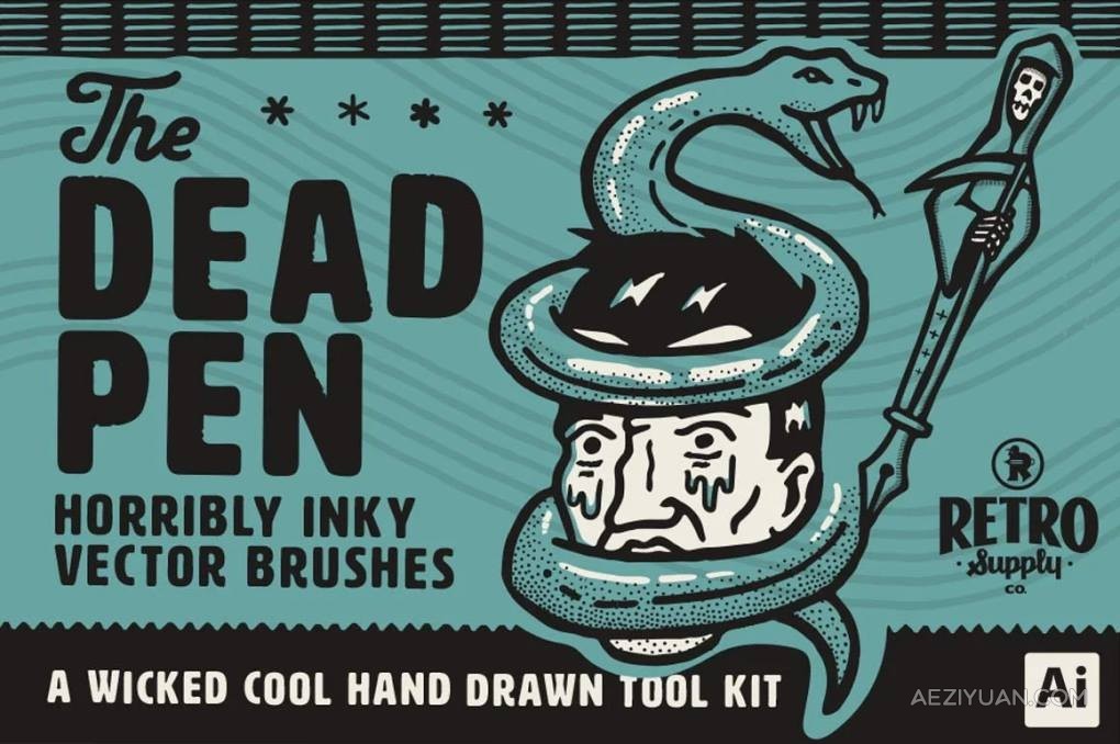 AI笔刷-62支手绘插画散点图案精细线条水墨艺术Ai矢量笔刷 Retro Supply – The Dead Pen Brush Pack笔刷,手绘插画,散点图,图案,精细 - AE资源网 www.aeziyuan.com