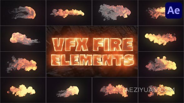 12组逼真爆炸烟雾火焰燃烧特效视频素材-AE模板 VFX Fire Elements for After Effects - AE资源网 www.aeziyuan.com