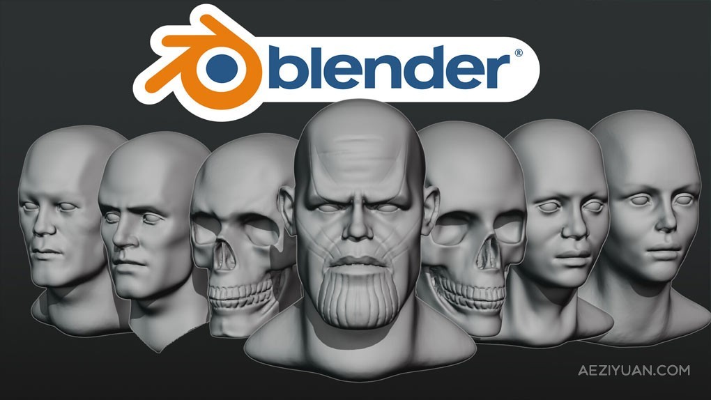 Blender头部面部数字雕刻技术训练视频教程 A Noob's guide to sculpting heads - Course - Fast lane - AE资源网 www.aeziyuan.com