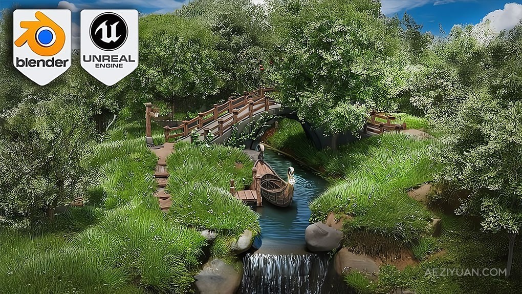 Blender与UE5梦幻河流环境场景制作视频教程 Blender to Unreal Engine 5: Fantasy River 3D Diorama Boat Scene - AE资源网 www.aeziyuan.com