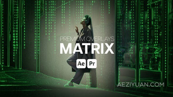 网络数字矩阵黑客帝国代码叠加特效画面-AE与PR模板 Premium Overlays Matrix - AE资源网 www.aeziyuan.com