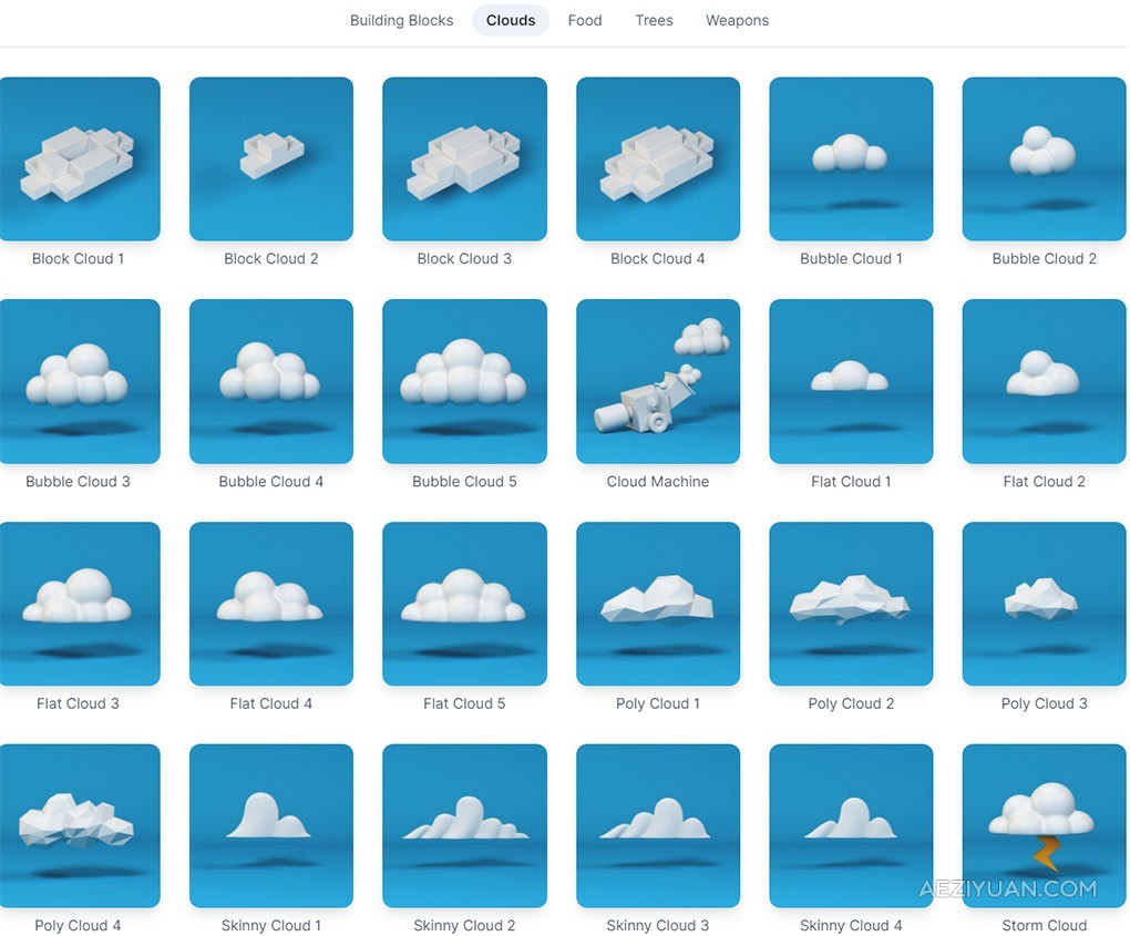 180个3D模型第1卷包括积木块云朵食物树木和武器 Happy Toolbox Model Pack Volume 13D模型,c4d,fbx,obj,VIP - AE资源网 www.aeziyuan.com