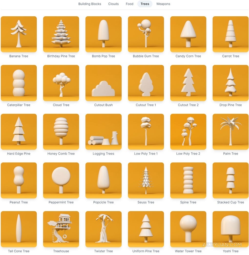 180个3D模型第1卷包括积木块云朵食物树木和武器 Happy Toolbox Model Pack Volume 13D模型,c4d,fbx,obj,VIP - AE资源网 www.aeziyuan.com